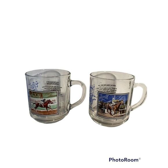 Great Moments at Santa Anita Race Coffee Cups set of 2 Clear with Decal - Picture 1 of 10